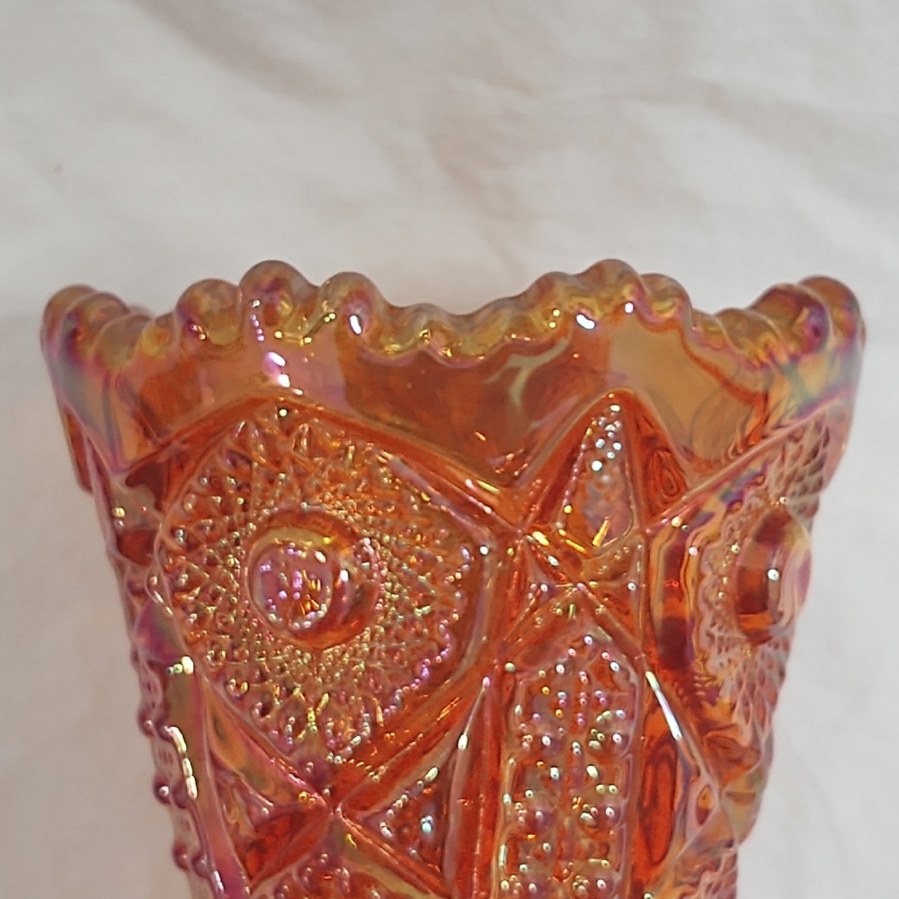 Vintage Imperial Glass Iridescent Marigold Daisy & Button Carnival Glass Vase - Picture 6 of 7